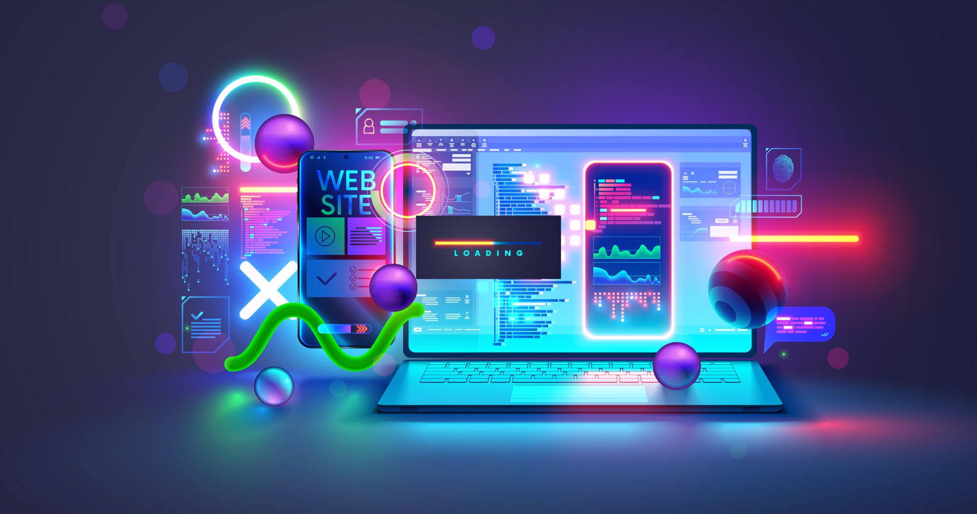 Blue-Zoo-Website-Maintenance-Article-Header-Image Header Image of elements of a website being built in bright neon