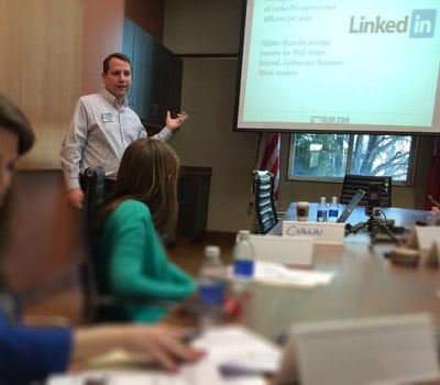 Collin speaking at the Fayetteville Puclic Library on Social Media